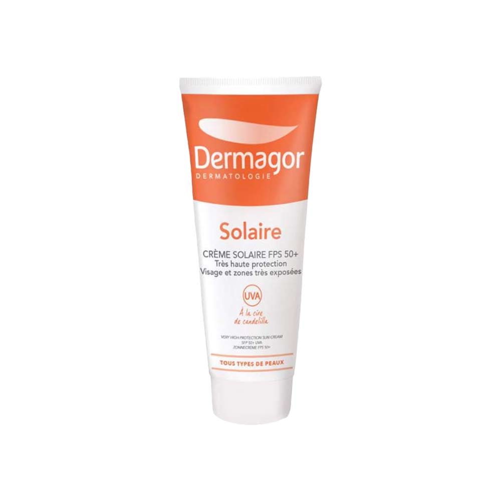 ضد آفتاب بی‌رنگ spf 50 درماگور مدل solaire مناسب پوست نرمال تا خشک حجم 40 میل