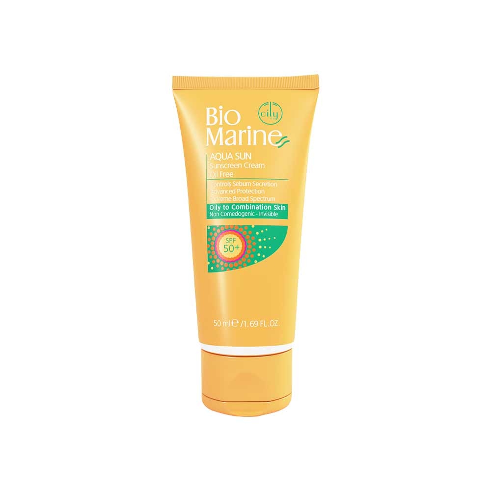 کرم ضد آفتاب بی رنگ فاقد چربی SPF50 بایو مارین مدل AQUA SUN مناسب پوست های چرب و جوش دار حجم 50 میل