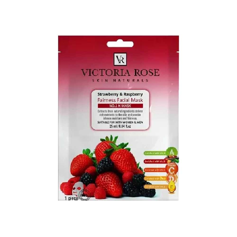 ماسک صورت ورقه ای ویکتوریا رز مدل Strawberry &amp; Raspberry مناسب انواع پوست حجم ۲۵ میل