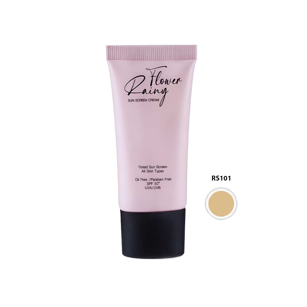 کرم ضد آفتاب رنگی فاقد چربی SPF50 رینی فلاور شماره RS-101 رنگ بژ طلایی مناسب انواع پوست حجم 30 میل