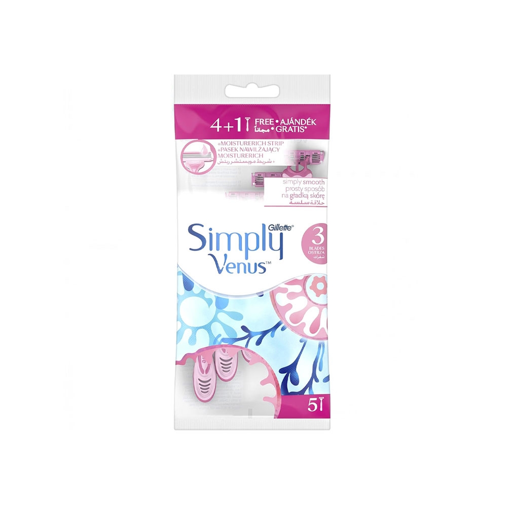 خود تراش 3 لبه یکبار مصرف زنانه ژیلت مدل Simply Venus بسته 4+1 عددی