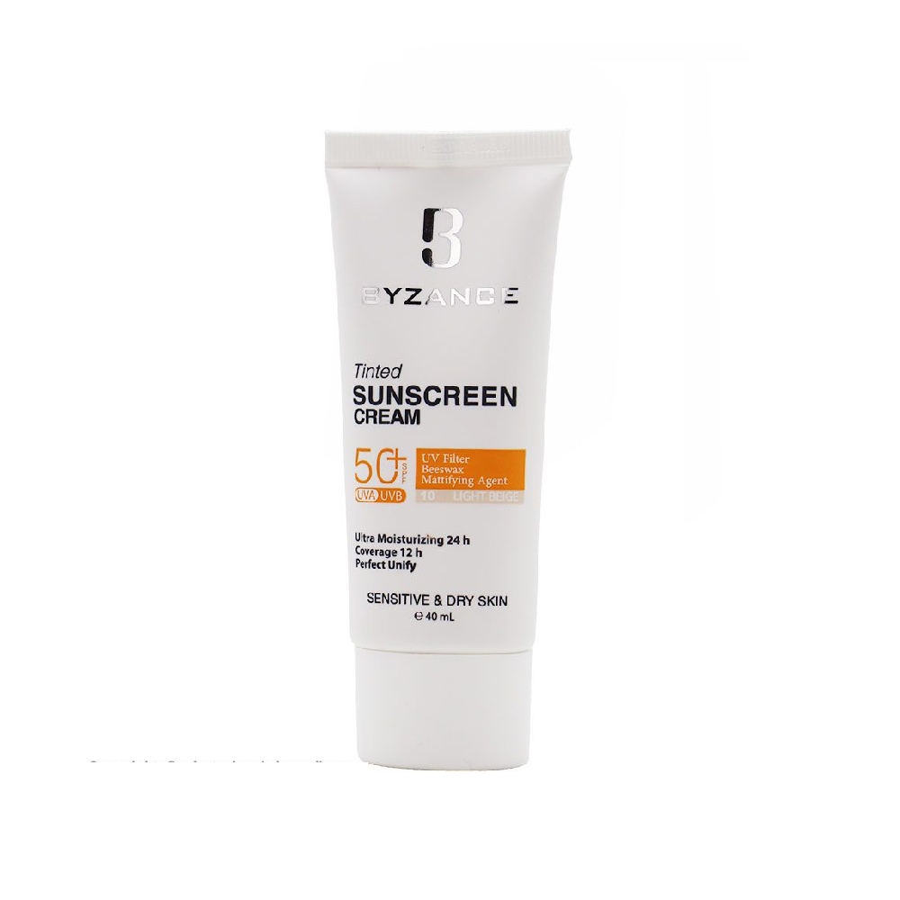 کرم ضد آفتاب SPF۵۰ بیزانس مدل Tinted | تینتد شماره 10 رنگ LIGHT BEIGE | بژ روشن مناسب پوست خشک و حساس حجم 40 میل