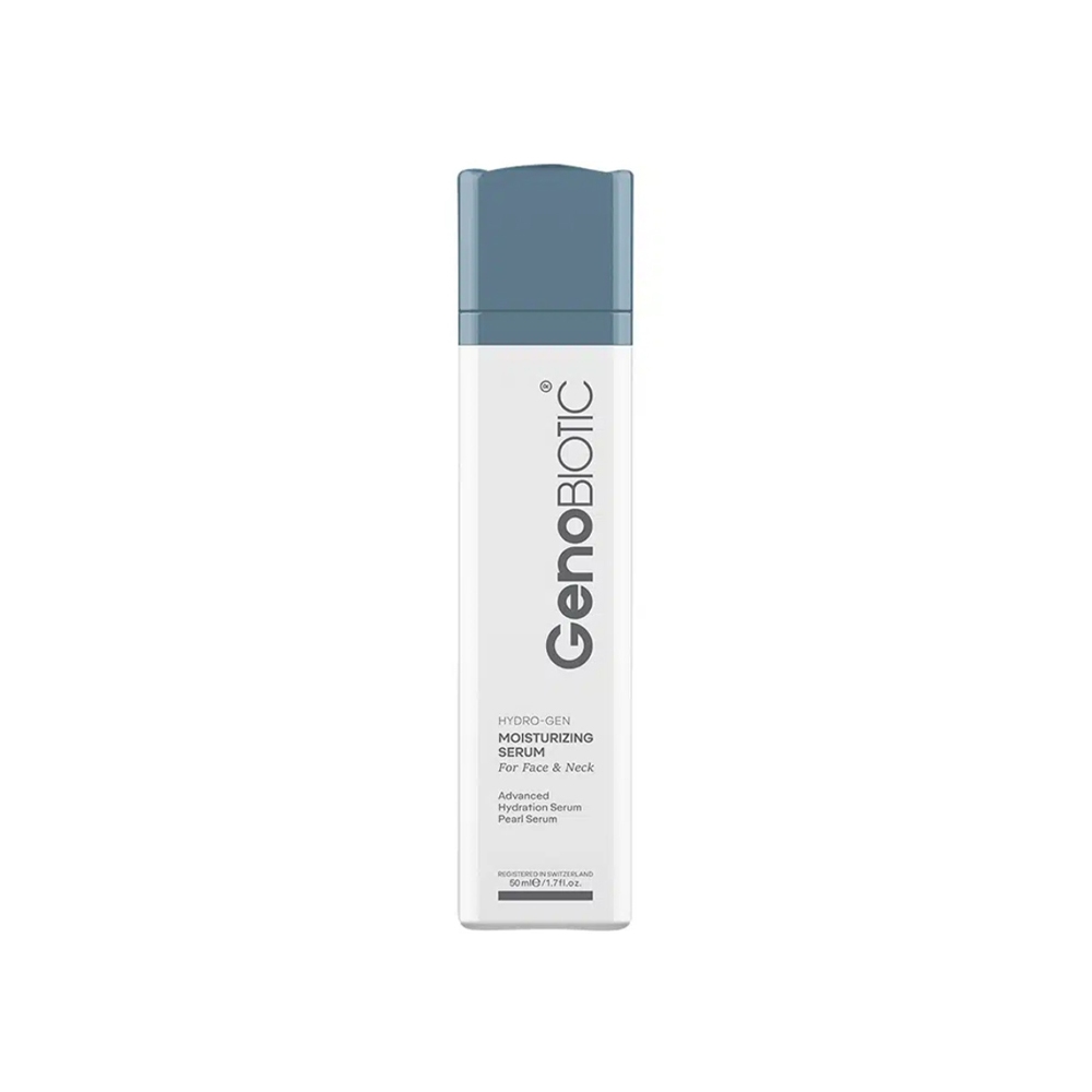 سرم رطوبت‌رسان صورت و گردن ژنو بایوتیک مدل Moisturizing حاوی عصاره مروارید و هیالورونیک اسید حجم ۵۰ میل
