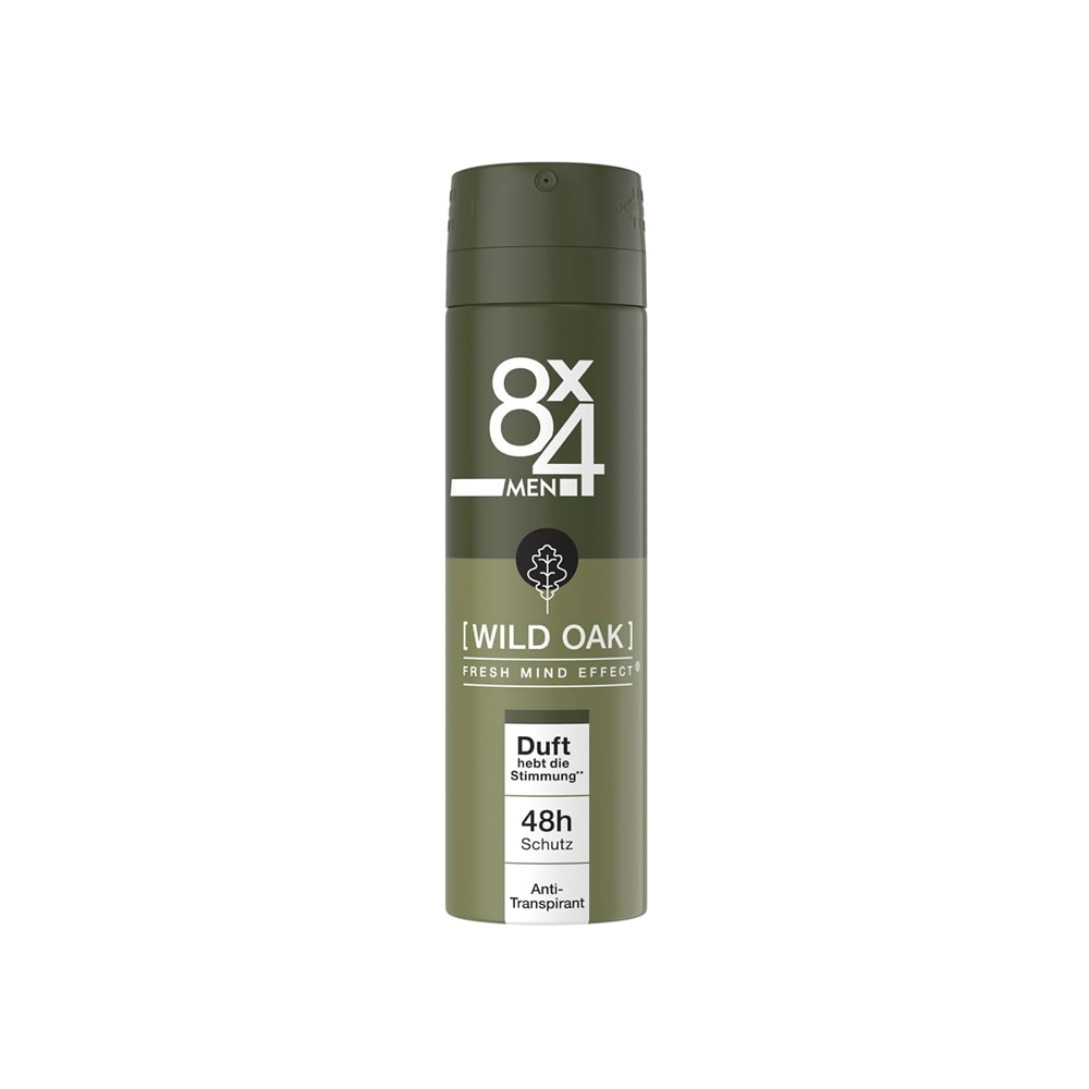 اسپری ضد تعریق مردانه 48 ساعته 8 در 4 مدل WILD OAK بلوط وحشی رایحه چوبی فاقد آلومینیوم حجم 150 میل