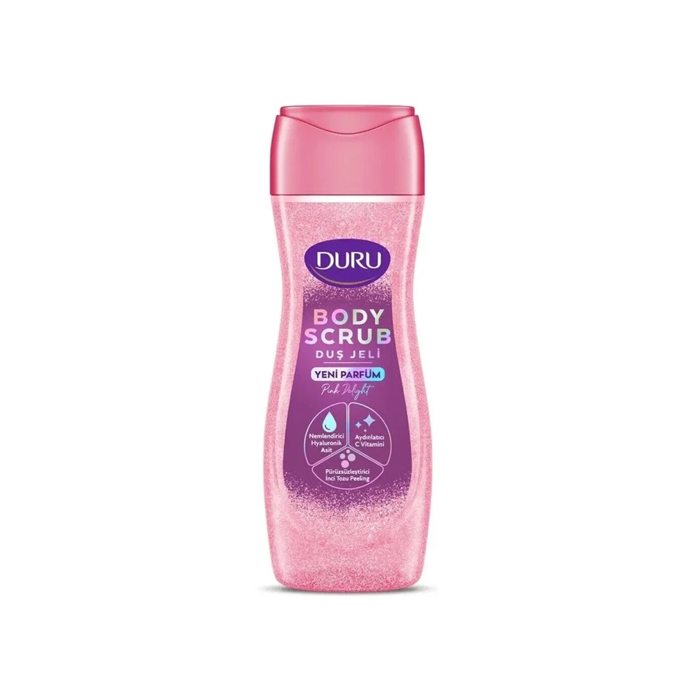 شاورژل و اسکراب بدن شاین دار دورو مدل PINK DELIGHT صورتی طلایی حاوی پودر مروارید و هیالورونیک اسید حجم 450 میل