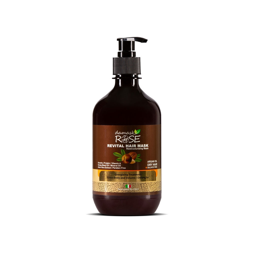 ماسک مو بدون سولفات داخل حمام داماسک رز مدل REVITAL حاوی روغن آرگان مناسب موی خشک و رنگ شده حجم 500 میل