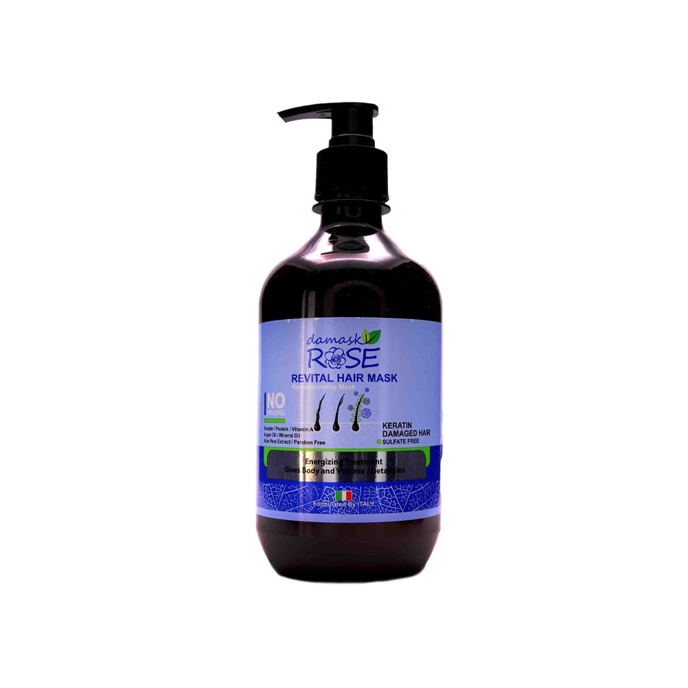 ماسک مو بدون سولفات بدون آبکشی داماسک رز مدل REVITAL حاوی روغن آرگان مناسب موی خشک و رنگ شده حجم 500 میل