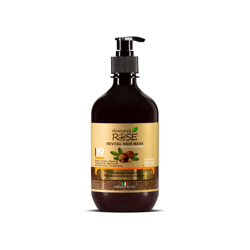ماسک مو بدون سولفات بدون آبکشی داماسک رز مدل REVITAL حاوی روغن آرگان مناسب موی خشک و رنگ شده حجم 500 میل