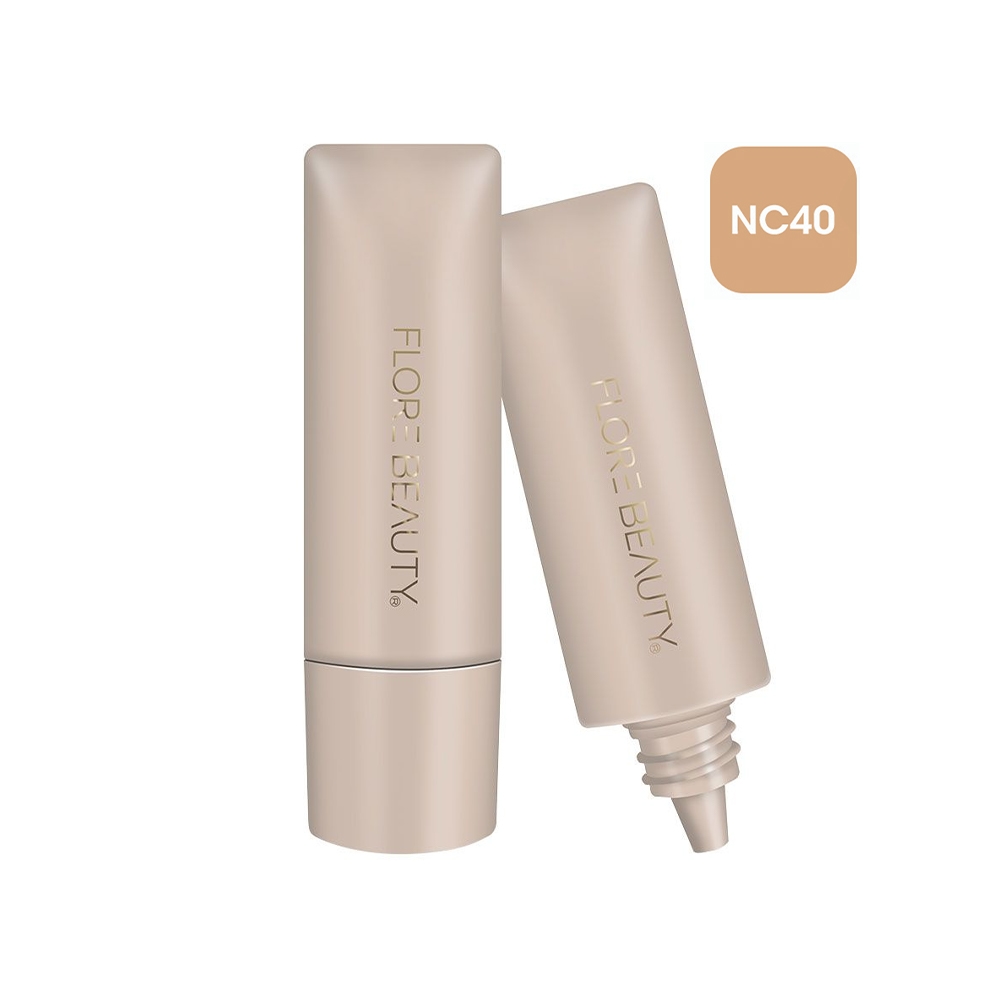 کرم پودر فاقد چربی فلور بیوتی مدل FULL COVERING شماره NC40 رنگ REAL BEIGE بژ تیره مناسب پوست چرب حجم 30 میل
