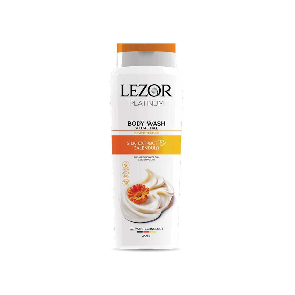 شامپو بدن کرمی بدون سولفات لزور سری PLATINUM مدل SILK EXTRACT & CALEDULA حاوی عصاره ابریشم و کالاندولا حجم 400 میل