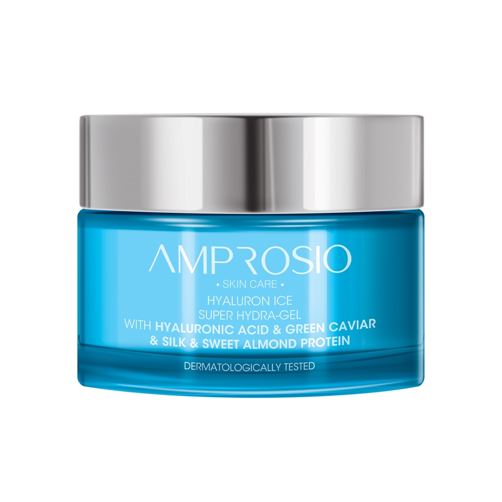ژل فوق آبرسان آمپروسیو سری Hyaluron Ice مدل Super Hydra-GEL حاوی هیالورونیک اسید، خاویار سبز، پروتئین ابریشم و بادام شیرین حجم 50 گرم