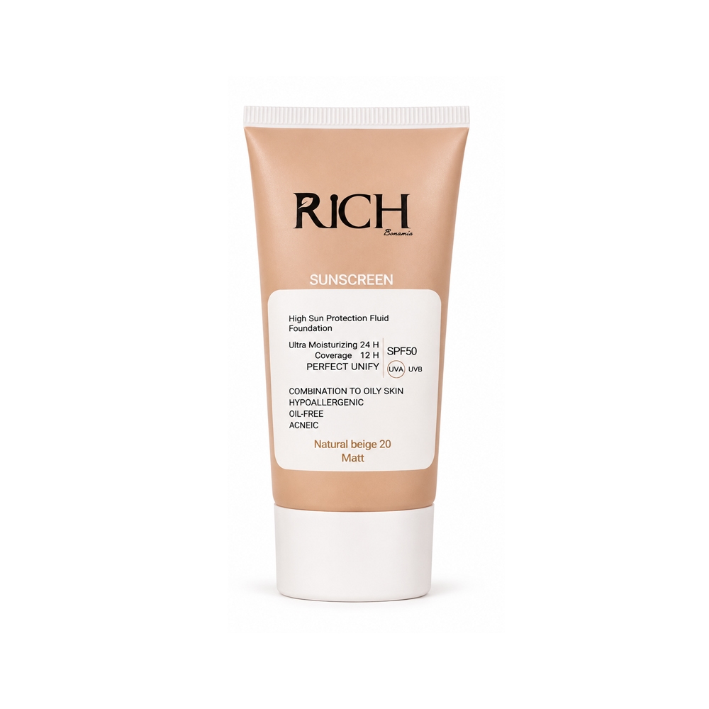 ضد آفتاب فلوئیدی مات ریچ بونومیا مدل RICH شماره 20 رنگ Natural Beige مناسب پوست چرب حجم 30 میل