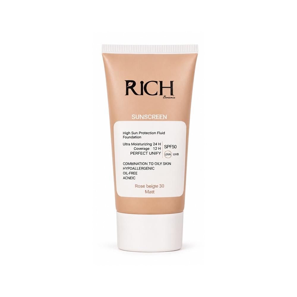 ضد آفتاب فلوئیدی مات ریچ بونومیا مدل RICH شماره 30 رنگ Rose Beige مناسب پوست چرب حجم 30 میل