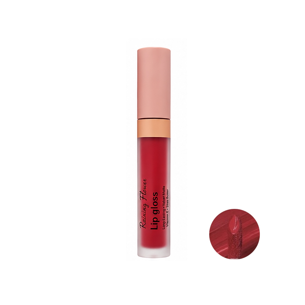رژ لب مایع مات رینی فلاور مدل Velvet Matte شماره LG-01 رنگ قرمز آلبالویی حاوی روغن شی باتر حجم 6 میل