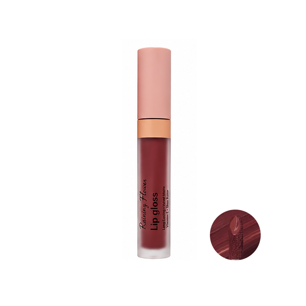 رژ لب مایع مات رینی فلاور مدل Velvet Matte شماره LG-03 رنگ قهوه ای زرشکی حاوی روغن شی باتر حجم 6 میل