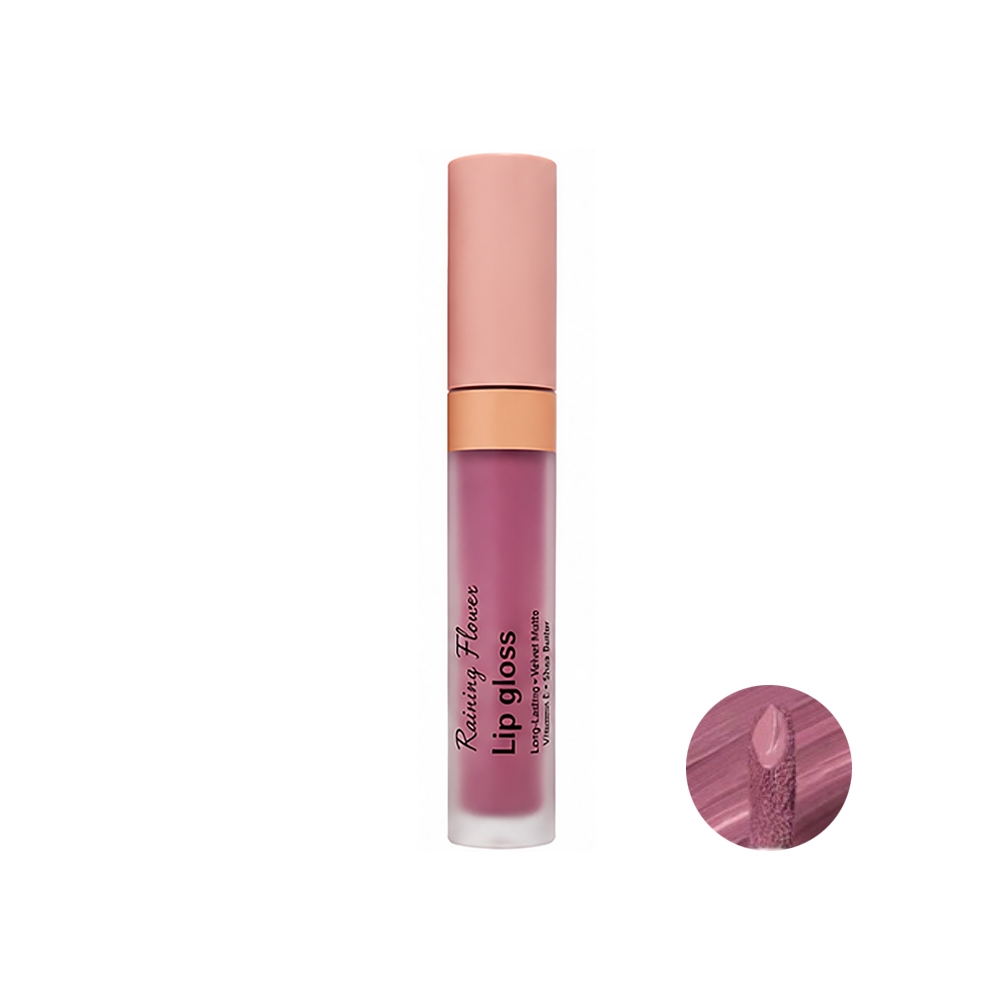 رژ لب مایع مات رینی فلاور مدل Velvet Matte شماره LG-08 رنگ کالباسی نود حاوی روغن شی باتر حجم 6 میل