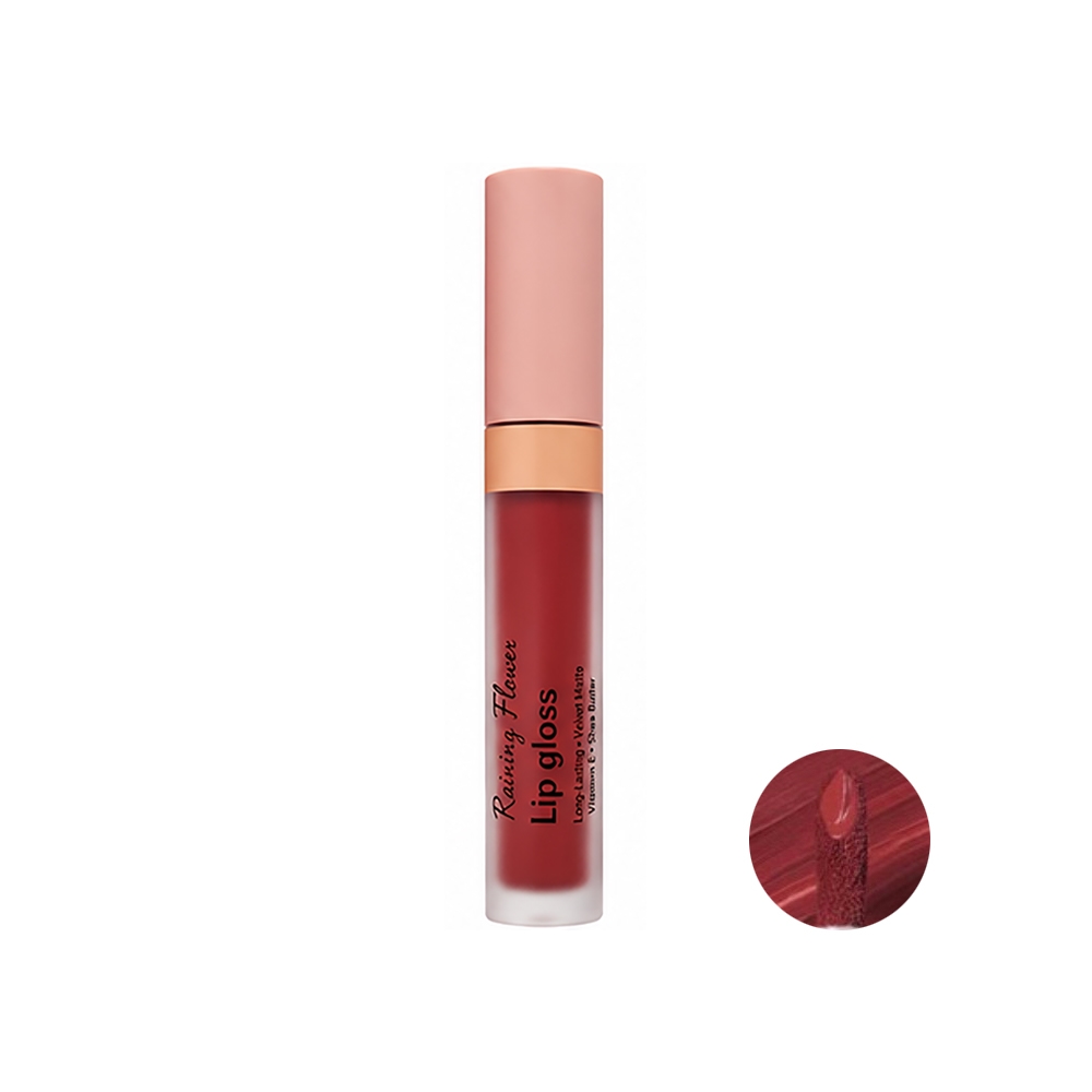 رژ لب مایع مات رینی فلاور مدل Velvet Matte شماره LG-12 رنگ قرمز شرابی حاوی روغن شی باتر حجم 6 میل