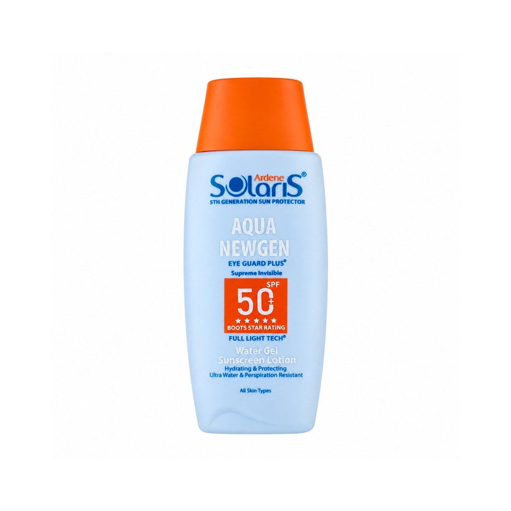 لوسیون آبی ضد آفتاب بی رنگ +SPF 50 آردن سولاریس سری AQUA NEWGEN مدل Water Gel مناسب انواع پوست حجم 100 میل