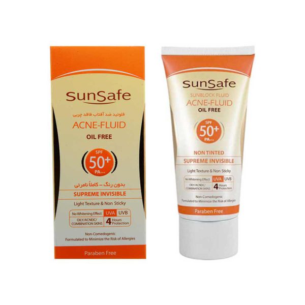 فلوئید ضد آفتاب +SPF50 فاقد چربی بی رنگ سان سیف مدل Acne-Fluid مناسب پوست چرب و جوشدار حجم 50 میل