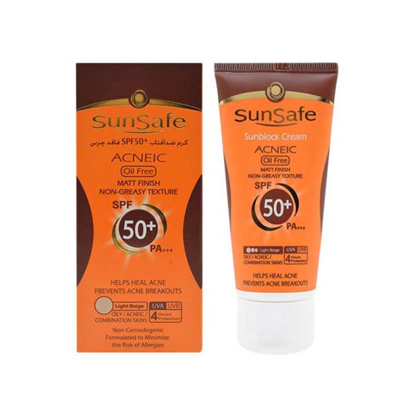 کرم ضد آفتاب +SPF50 فاقد چربی بژ روشن سان سیف مناسب پوست های چرب و جوش دار حجم 50 میل