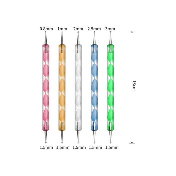 قلم داتینگ دسته بلند دیاموند بسته 5 عددی ابزار نقطه‌گذاری دو طرفه، قلم توپی کاشت ناخن با نقش برجسته‌سازی الگو، ابزار مدل‌ساز و مجسمه‌ سازی