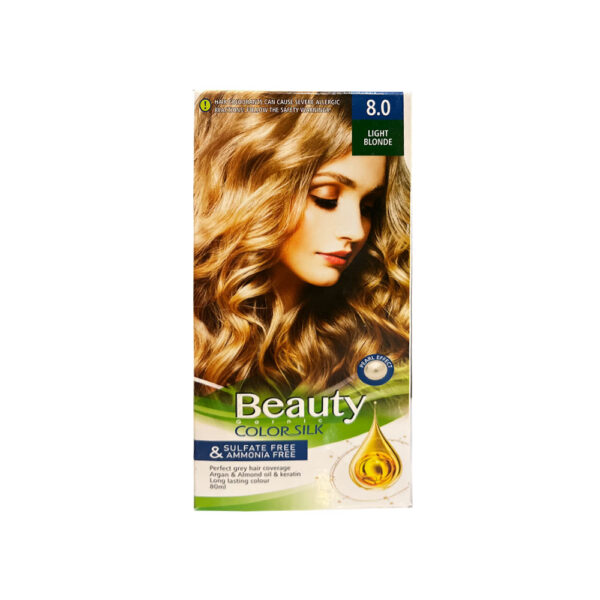 کیت رنگ مو زنانه فاقد سولفات و آمونیاک بیوتی شماره 8.0 رنگ LIGHT BLONDE (بلوند روشن) حجم 80 میل + اکسیدان 120 میل