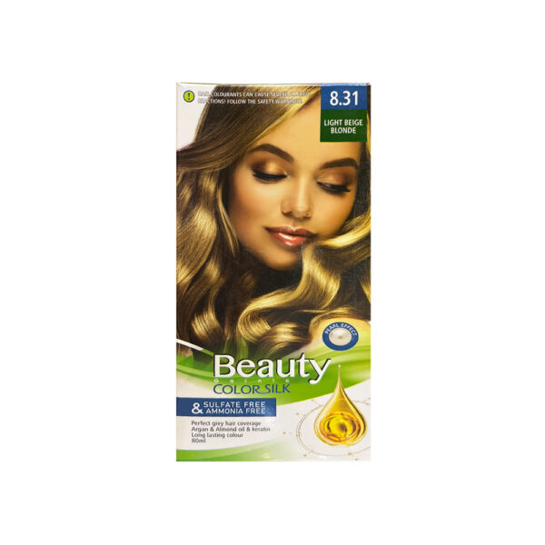 کیت رنگ مو زنانه فاقد سولفات و آمونیاک بیوتی شماره 8.31 رنگ LIGHT BEIGE BLONDE (بلوند بژ روشن) حجم 80 میل + اکسیدان 120 میل