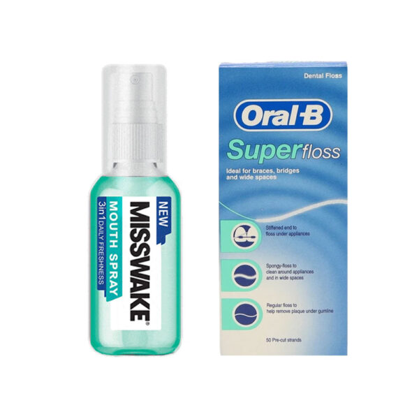 پک اقتصادی دندان شامل نخ دندان رشته ای اورال بی مدل Super floss حاوی عصاره نعنا بسته 50 عددی + اسپری محافظت کننده دهان و دندان میسویک مدل 3in1 با طعم نعنا حاوی عصاره پروپولیس حجم 30 میل